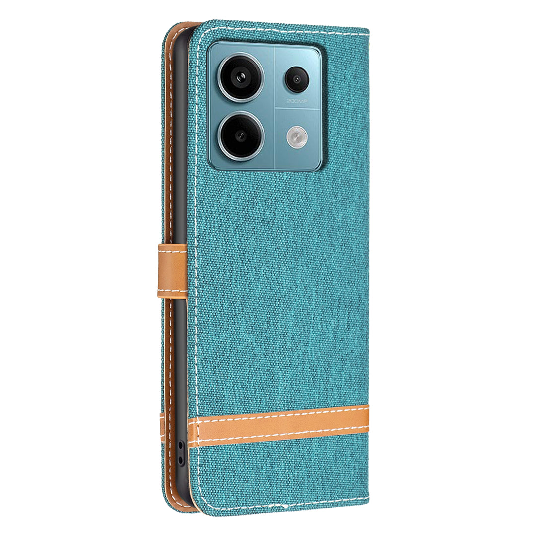 For Xiaomi Redmi Note 13 Pro 5G / Poco X6 5G Case Jeans Cloth Splicing Leather Phone Cover - Green