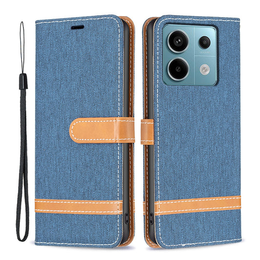 For Xiaomi Redmi Note 13 Pro 5G / Poco X6 5G Case Jeans Cloth Splicing Leather Phone Cover - Navy Blue