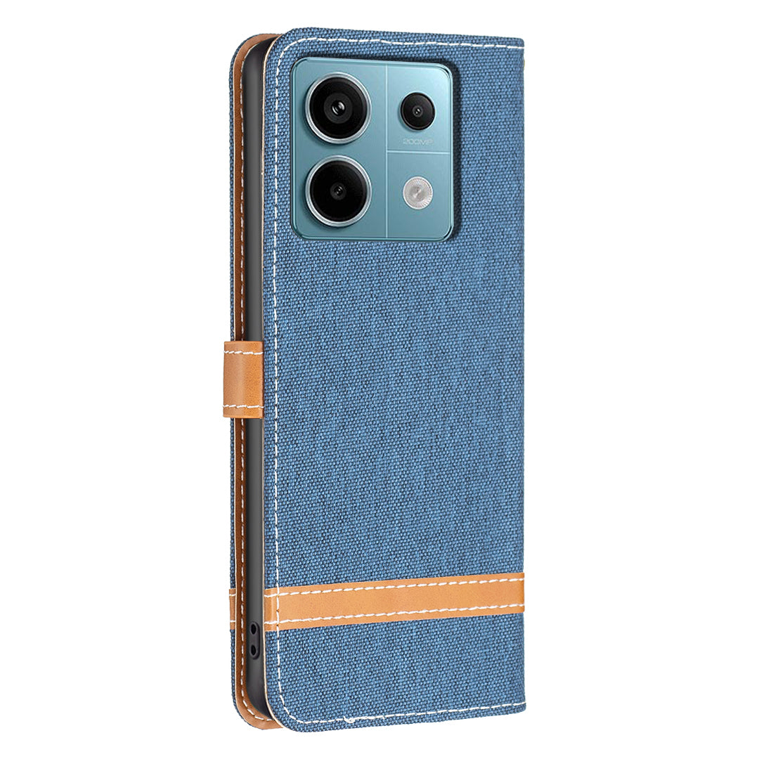 For Xiaomi Redmi Note 13 Pro 5G / Poco X6 5G Case Jeans Cloth Splicing Leather Phone Cover - Navy Blue