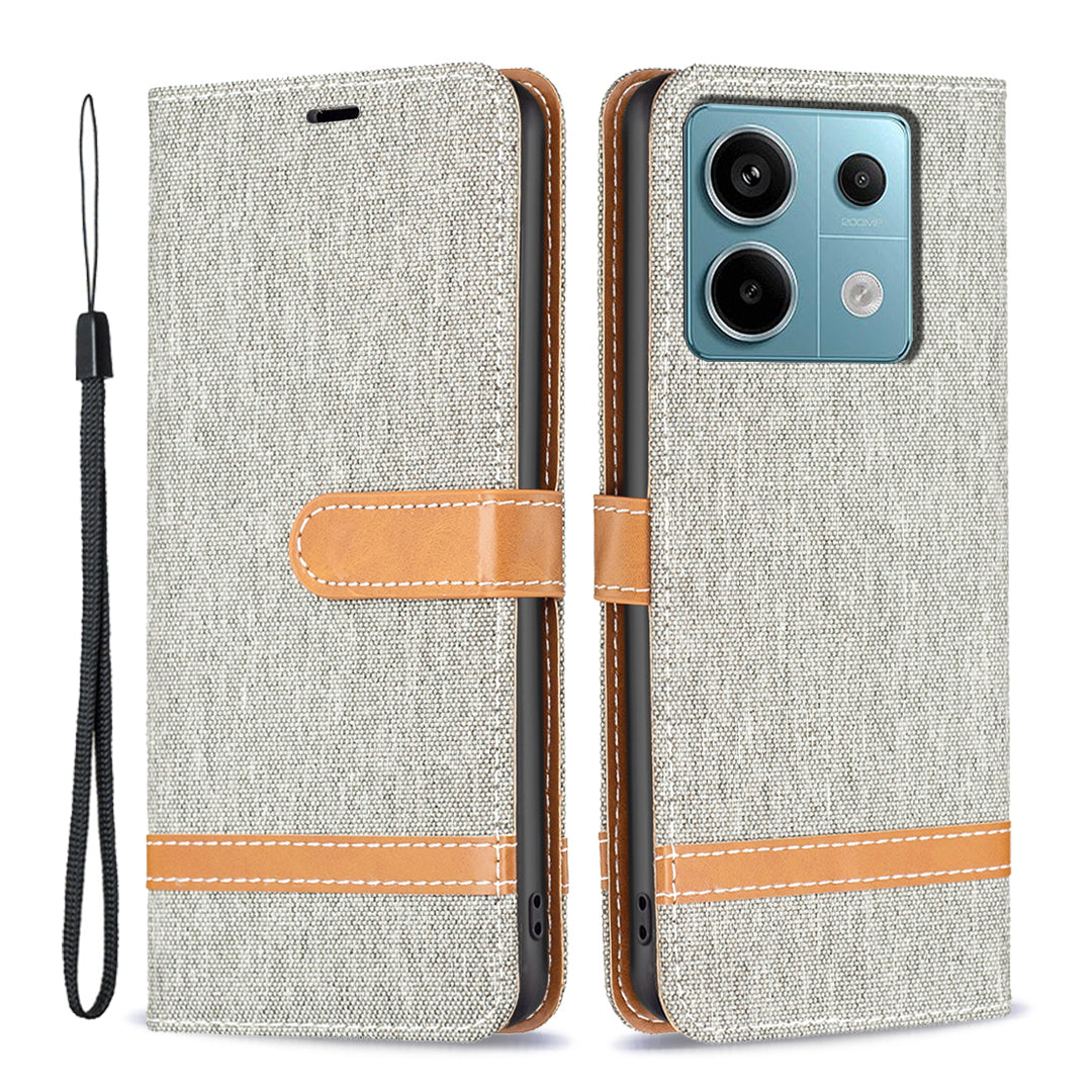 For Xiaomi Redmi Note 13 Pro 5G / Poco X6 5G Case Jeans Cloth Splicing Leather Phone Cover - Grey