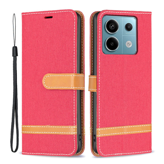 For Xiaomi Redmi Note 13 Pro 5G / Poco X6 5G Case Jeans Cloth Splicing Leather Phone Cover - Red