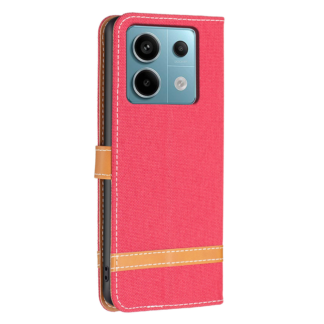 For Xiaomi Redmi Note 13 Pro 5G / Poco X6 5G Case Jeans Cloth Splicing Leather Phone Cover - Red