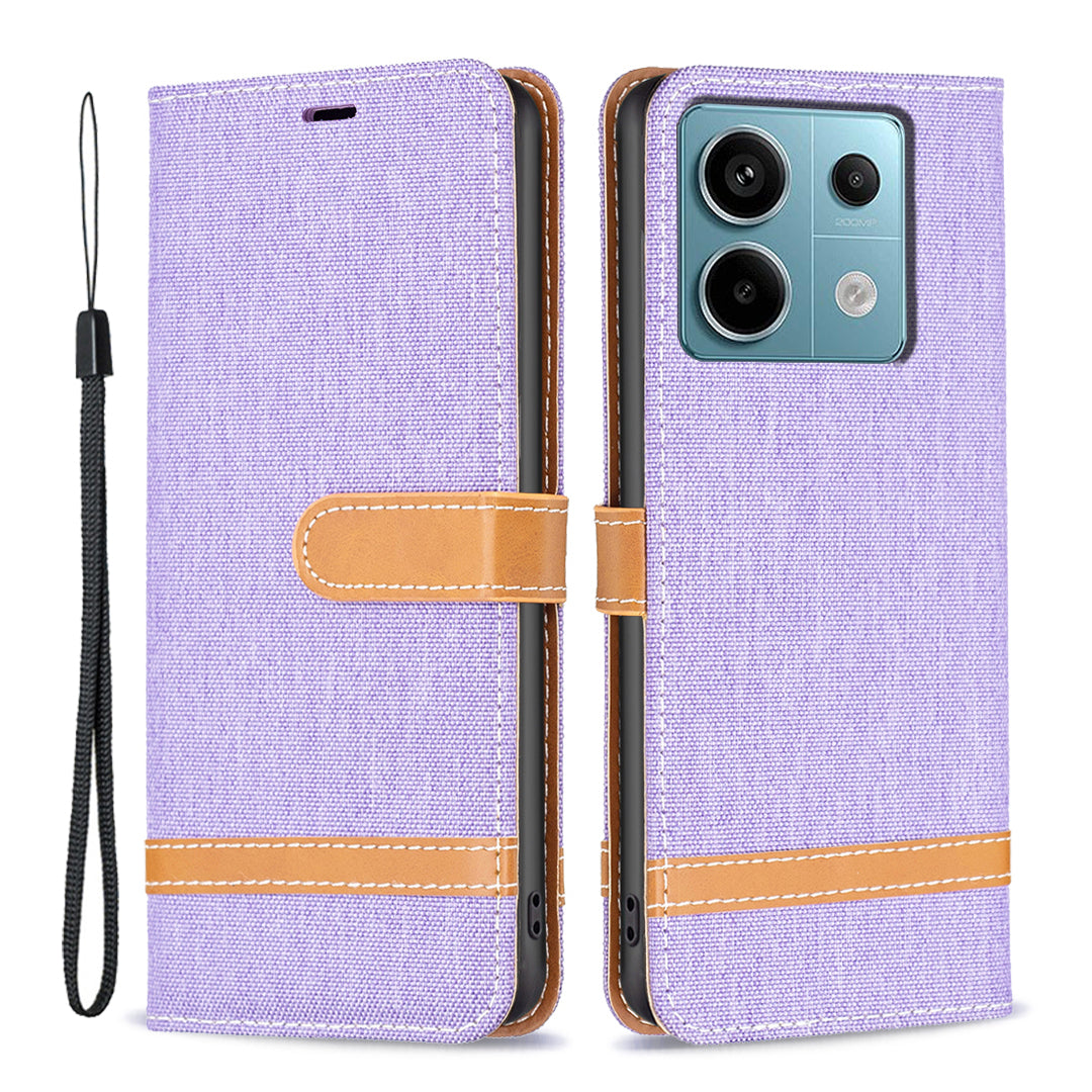 For Xiaomi Redmi Note 13 Pro 5G / Poco X6 5G Case Jeans Cloth Splicing Leather Phone Cover - Purple