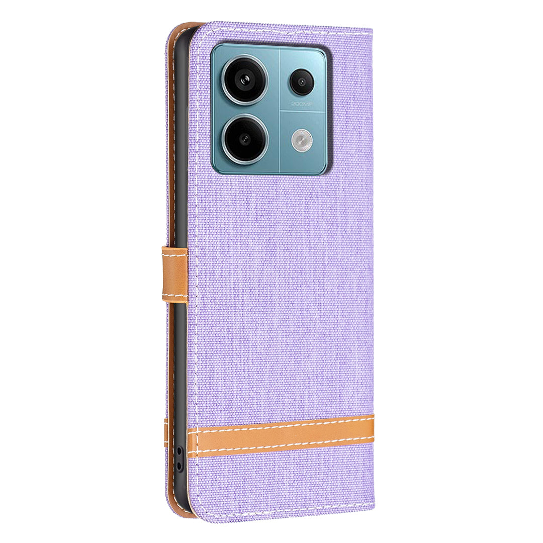 For Xiaomi Redmi Note 13 Pro 5G / Poco X6 5G Case Jeans Cloth Splicing Leather Phone Cover - Purple