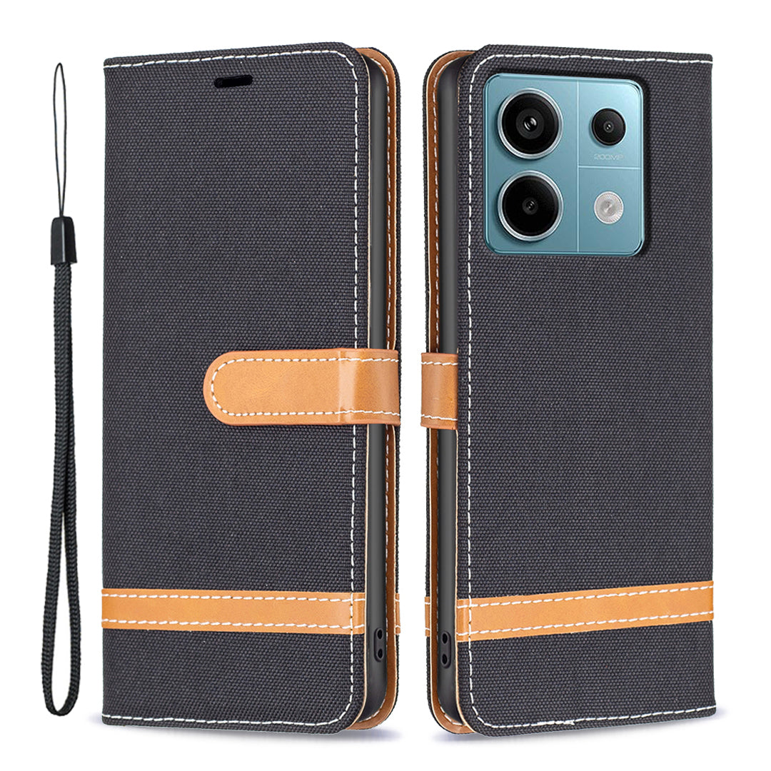 For Xiaomi Redmi Note 13 Pro 5G / Poco X6 5G Case Jeans Cloth Splicing Leather Phone Cover - Black
