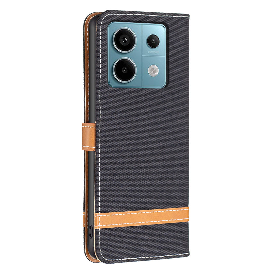 For Xiaomi Redmi Note 13 Pro 5G / Poco X6 5G Case Jeans Cloth Splicing Leather Phone Cover - Black