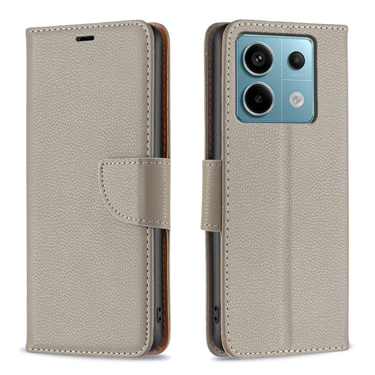 For Xiaomi Redmi Note 13 Pro 5G / Poco X6 5G Phone Case Solid Color PU Leather Stand View Cover Litchi Texture - Grey
