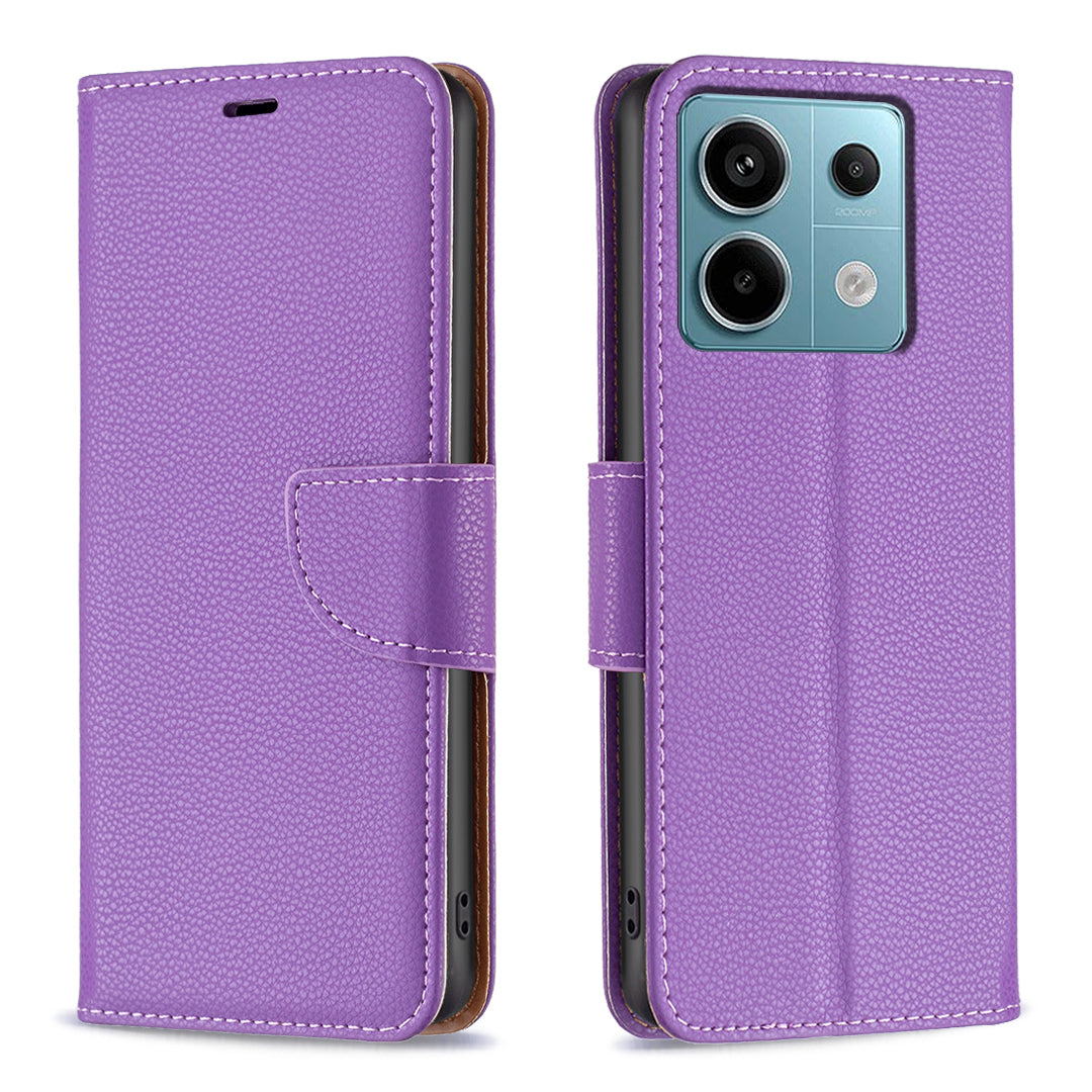 For Xiaomi Redmi Note 13 Pro 5G / Poco X6 5G Phone Case Solid Color PU Leather Stand View Cover Litchi Texture - Purple