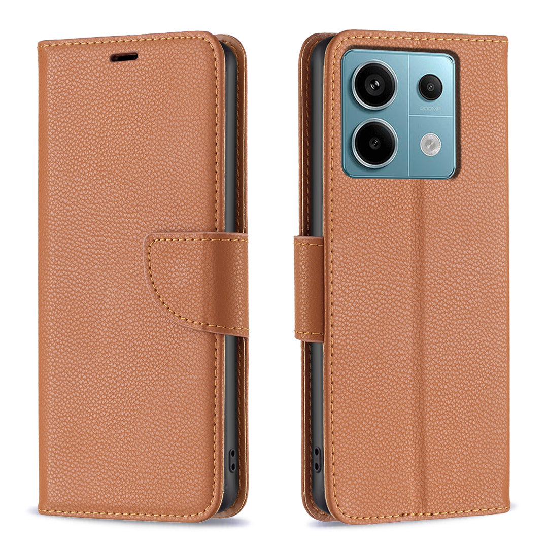 For Xiaomi Redmi Note 13 Pro 5G / Poco X6 5G Phone Case Solid Color PU Leather Stand View Cover Litchi Texture - Brown