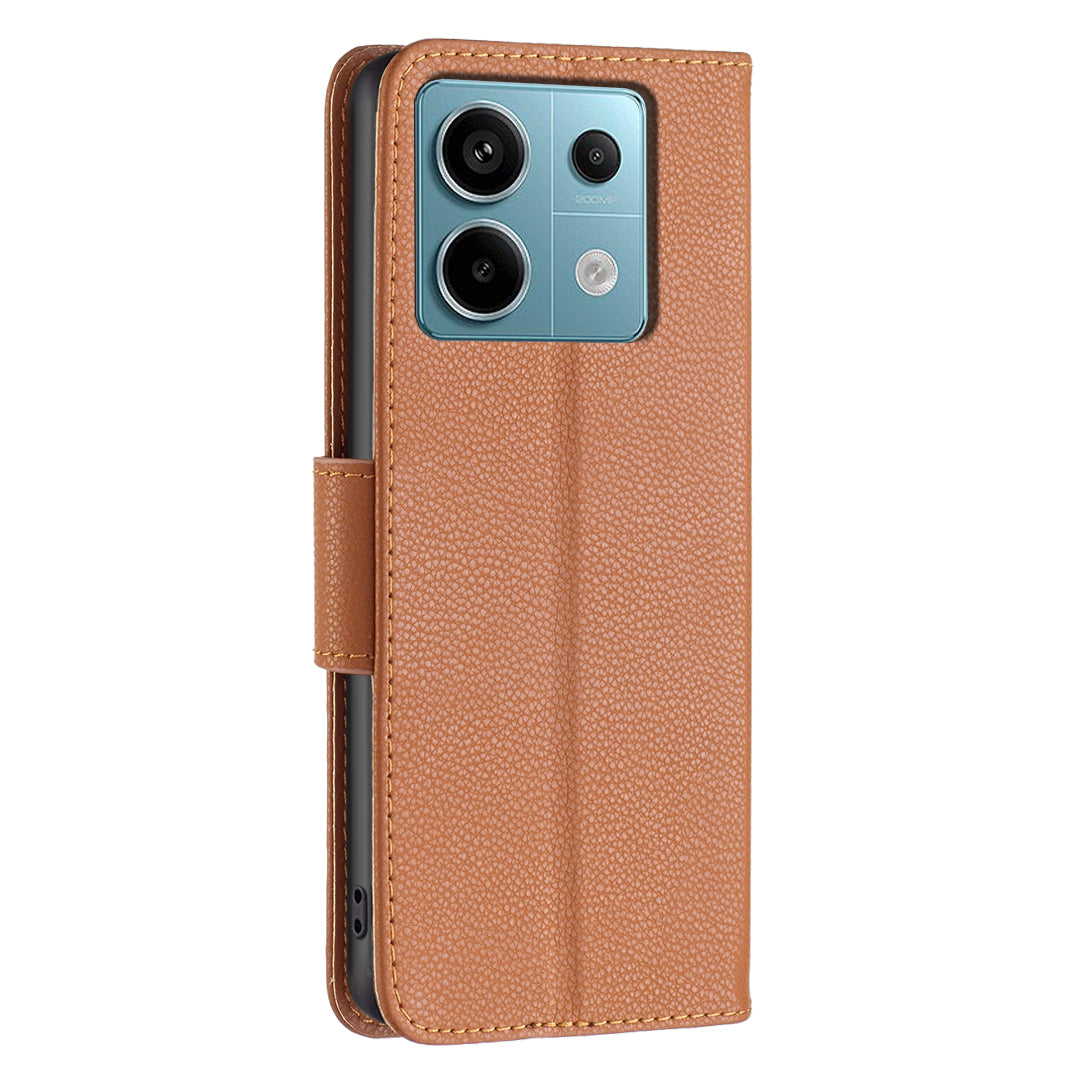 For Xiaomi Redmi Note 13 Pro 5G / Poco X6 5G Phone Case Solid Color PU Leather Stand View Cover Litchi Texture - Brown