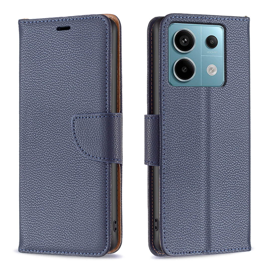 For Xiaomi Redmi Note 13 Pro 5G / Poco X6 5G Phone Case Solid Color PU Leather Stand View Cover Litchi Texture - Dark Blue