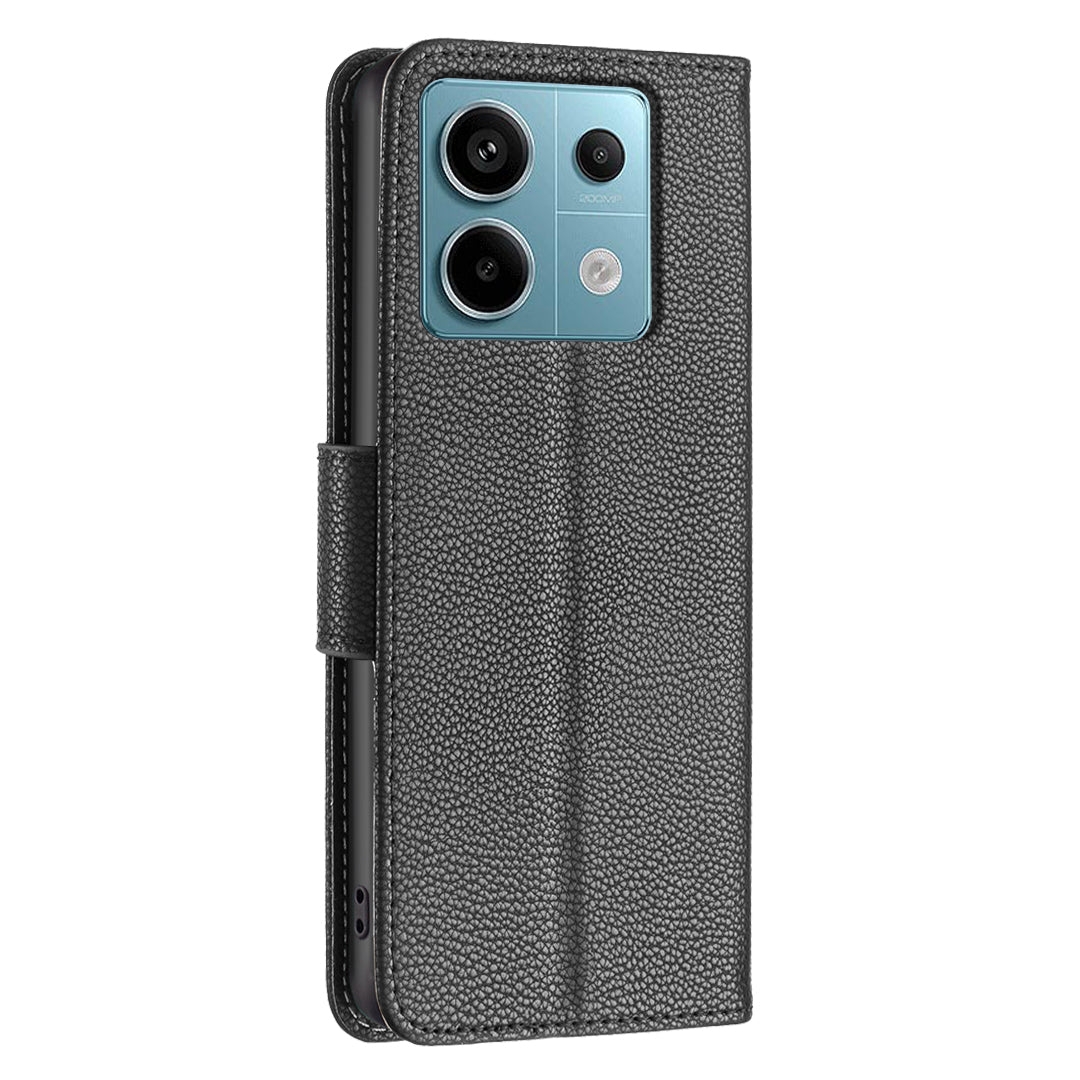 For Xiaomi Redmi Note 13 Pro 5G / Poco X6 5G Phone Case Solid Color PU Leather Stand View Cover Litchi Texture - Black