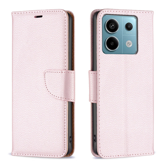 For Xiaomi Redmi Note 13 Pro 5G / Poco X6 5G Phone Case Solid Color PU Leather Stand View Cover Litchi Texture - Rose Gold