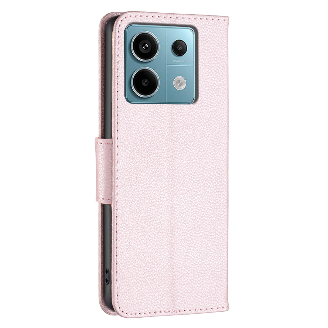 For Xiaomi Redmi Note 13 Pro 5G / Poco X6 5G Phone Case Solid Color PU Leather Stand View Cover Litchi Texture - Rose Gold