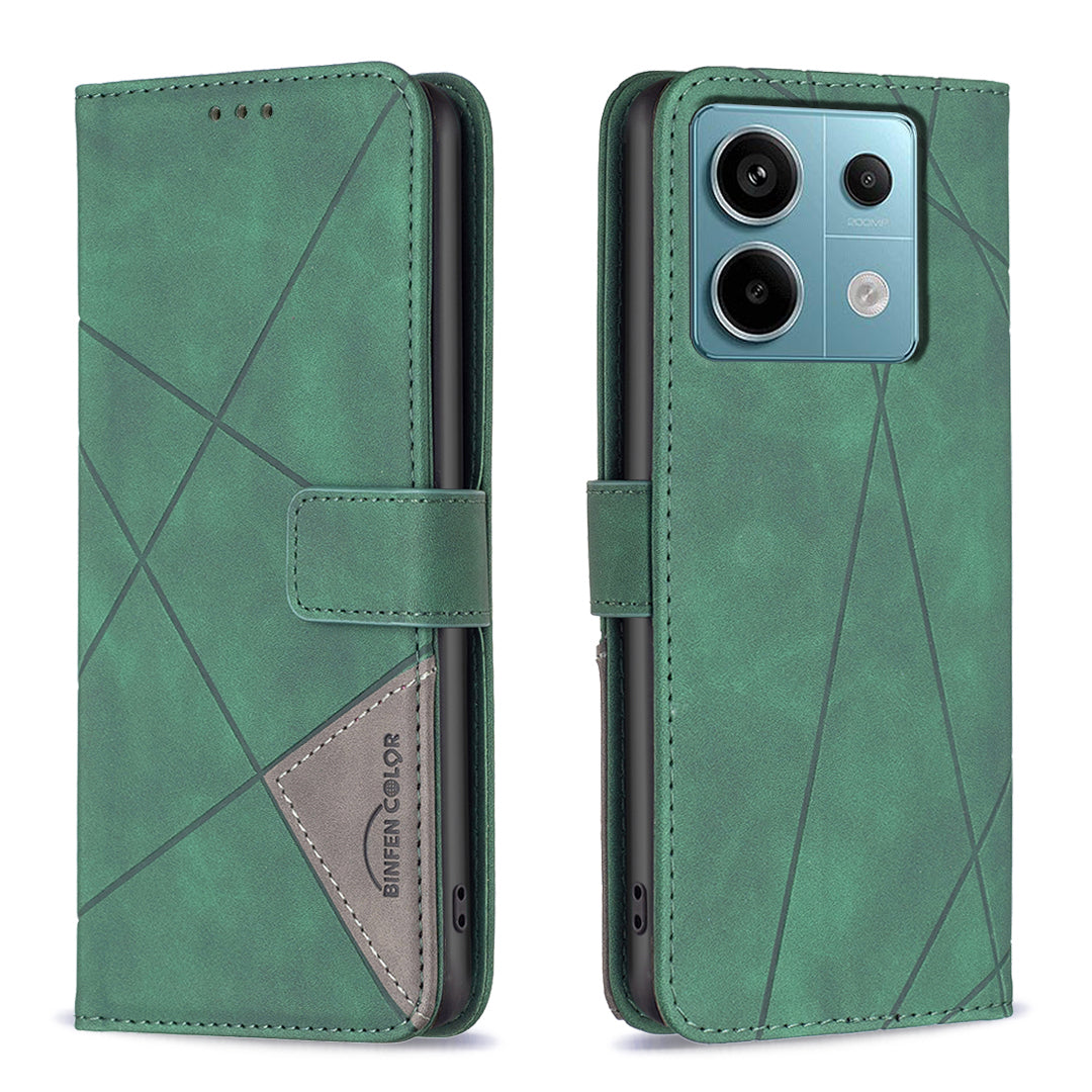 BINFEN COLOR BF05 For Xiaomi Redmi Note 13 Pro 5G / Poco X6 5G Phone Case PU Leather Cover Geometric Imprinted - Green