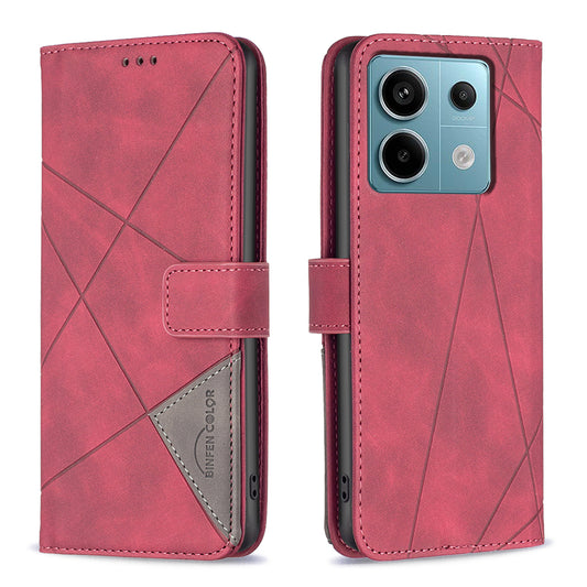 BINFEN COLOR BF05 For Xiaomi Redmi Note 13 Pro 5G / Poco X6 5G Phone Case PU Leather Cover Geometric Imprinted - Red