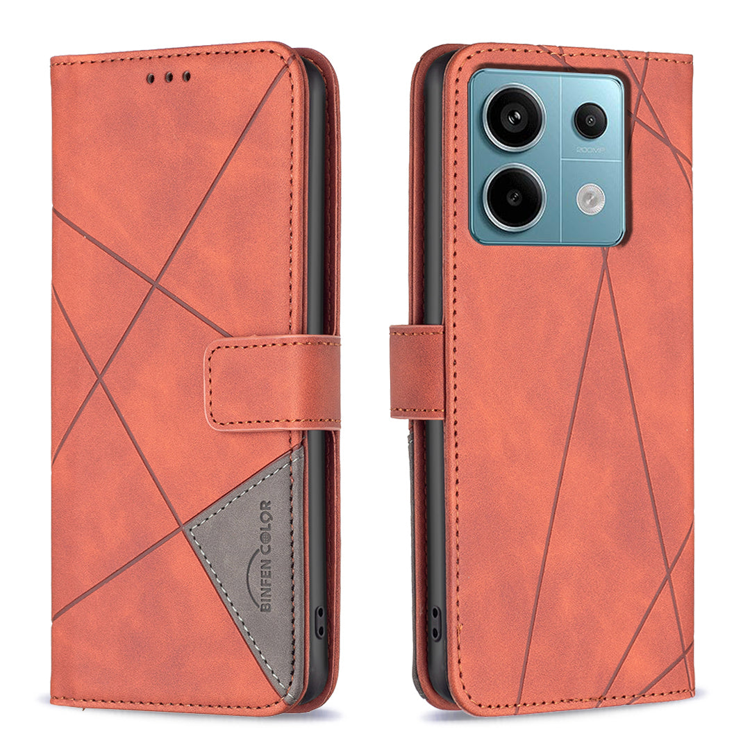 BINFEN COLOR BF05 For Xiaomi Redmi Note 13 Pro 5G / Poco X6 5G Phone Case PU Leather Cover Geometric Imprinted - Brown