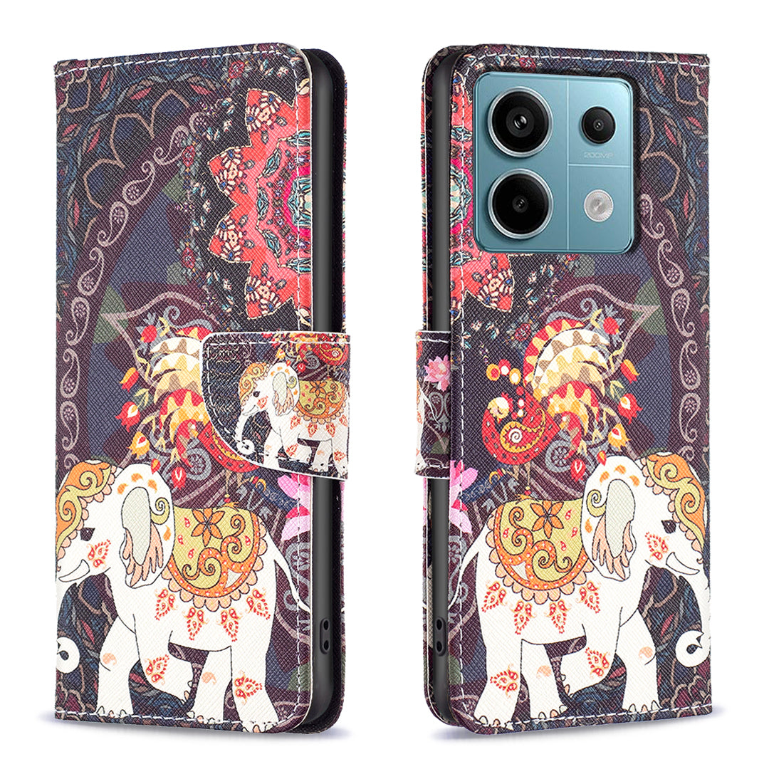 For Xiaomi Redmi Note 13 Pro 5G / Poco X6 5G Case Leather Cover with Wallet Pattern Printing - Flower and Elephant