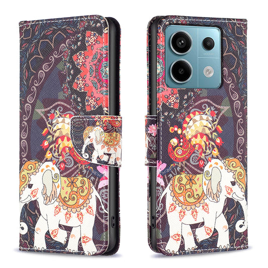 For Xiaomi Redmi Note 13 Pro 5G / Poco X6 5G Case Leather Cover with Wallet Pattern Printing - Flower and Elephant