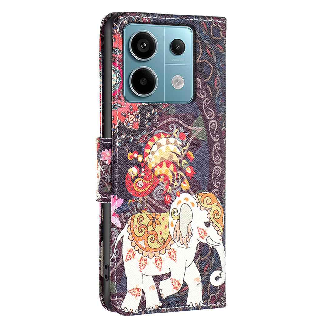 For Xiaomi Redmi Note 13 Pro 5G / Poco X6 5G Case Leather Cover with Wallet Pattern Printing - Flower and Elephant
