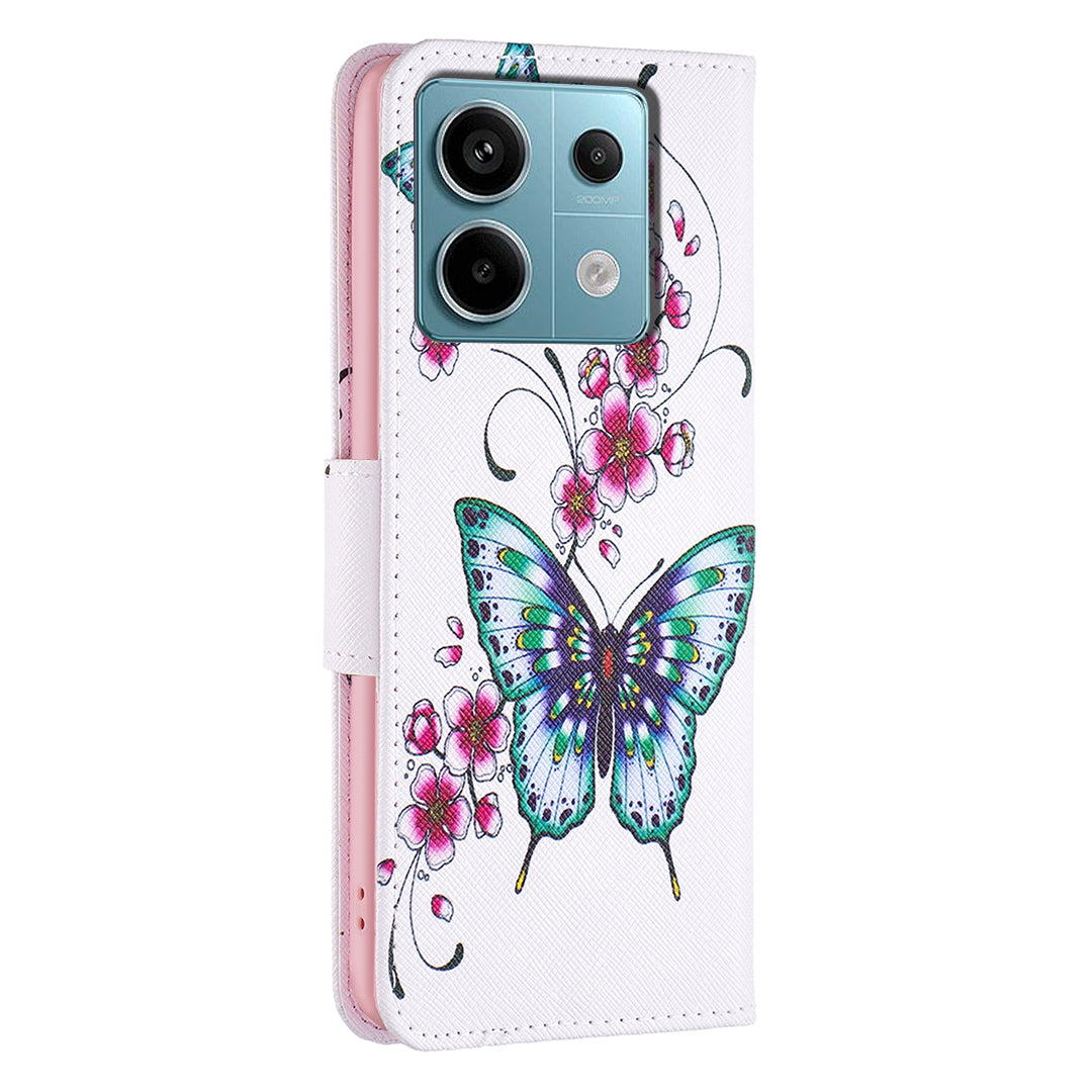 For Xiaomi Redmi Note 13 Pro 5G / Poco X6 5G Case Leather Cover with Wallet Pattern Printing - Peach Blossom and Butterflies