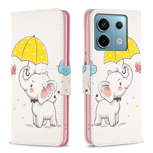 For Xiaomi Redmi Note 13 Pro 5G / Poco X6 5G Case Leather Cover with Wallet Pattern Printing - Umbrella and Elephant