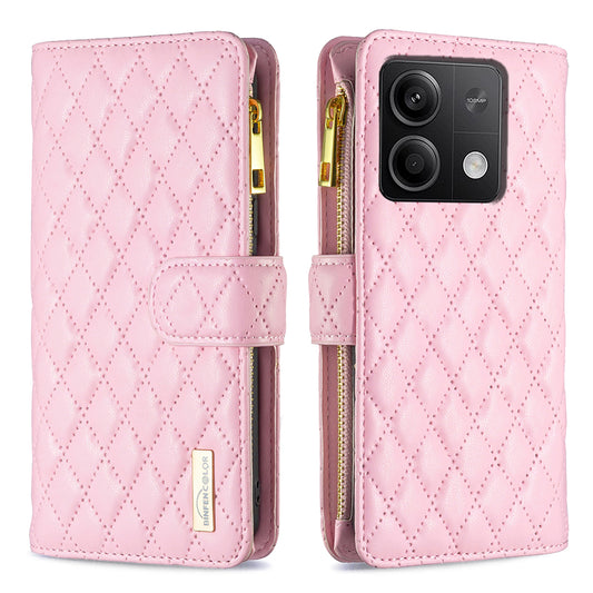 BINFEN COLOR BF Style-15 For Xiaomi Redmi Note 13 5G Zipper Leather Case Rhombus Handbag Phone Cover - Pink