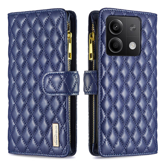 BINFEN COLOR BF Style-15 For Xiaomi Redmi Note 13 5G Zipper Leather Case Rhombus Handbag Phone Cover - Blue
