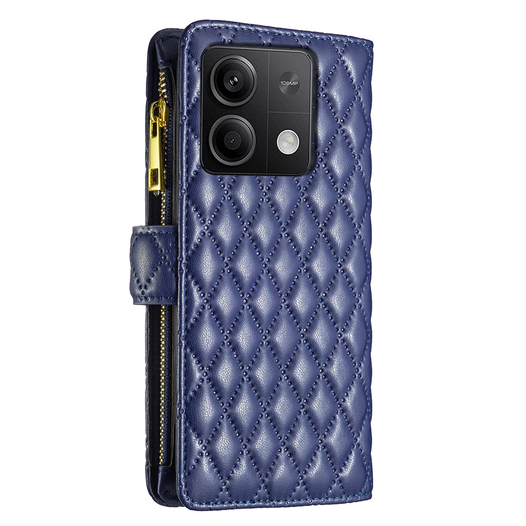 BINFEN COLOR BF Style-15 For Xiaomi Redmi Note 13 5G Zipper Leather Case Rhombus Handbag Phone Cover - Blue