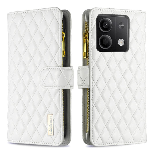 BINFEN COLOR BF Style-15 For Xiaomi Redmi Note 13 5G Zipper Leather Case Rhombus Handbag Phone Cover - White