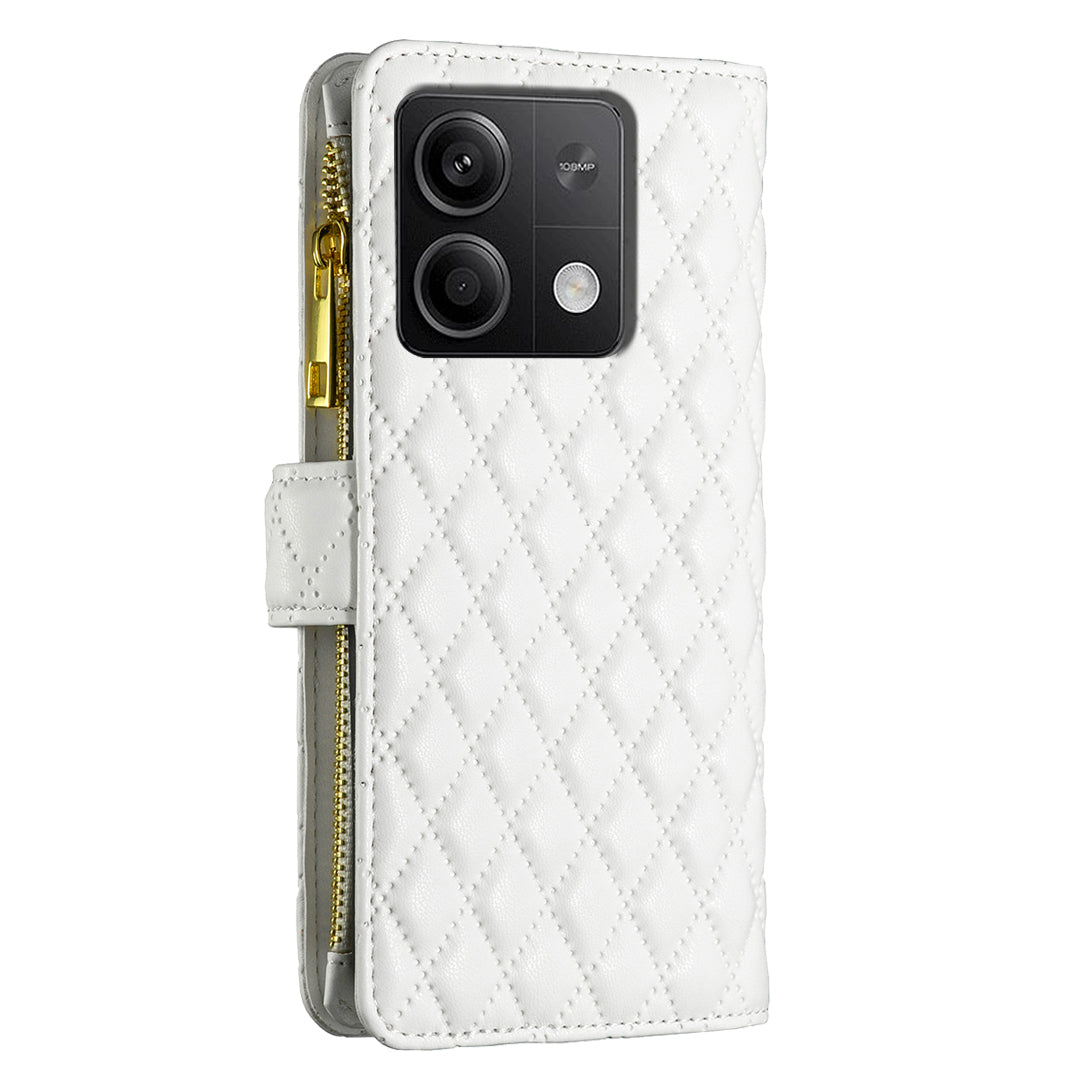 BINFEN COLOR BF Style-15 For Xiaomi Redmi Note 13 5G Zipper Leather Case Rhombus Handbag Phone Cover - White