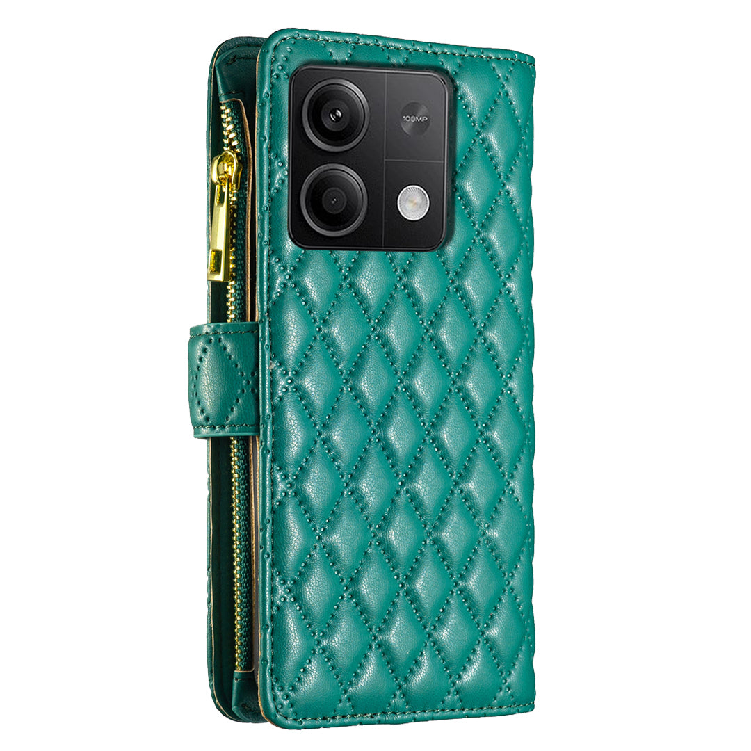BINFEN COLOR BF Style-15 For Xiaomi Redmi Note 13 5G Zipper Leather Case Rhombus Handbag Phone Cover - Green