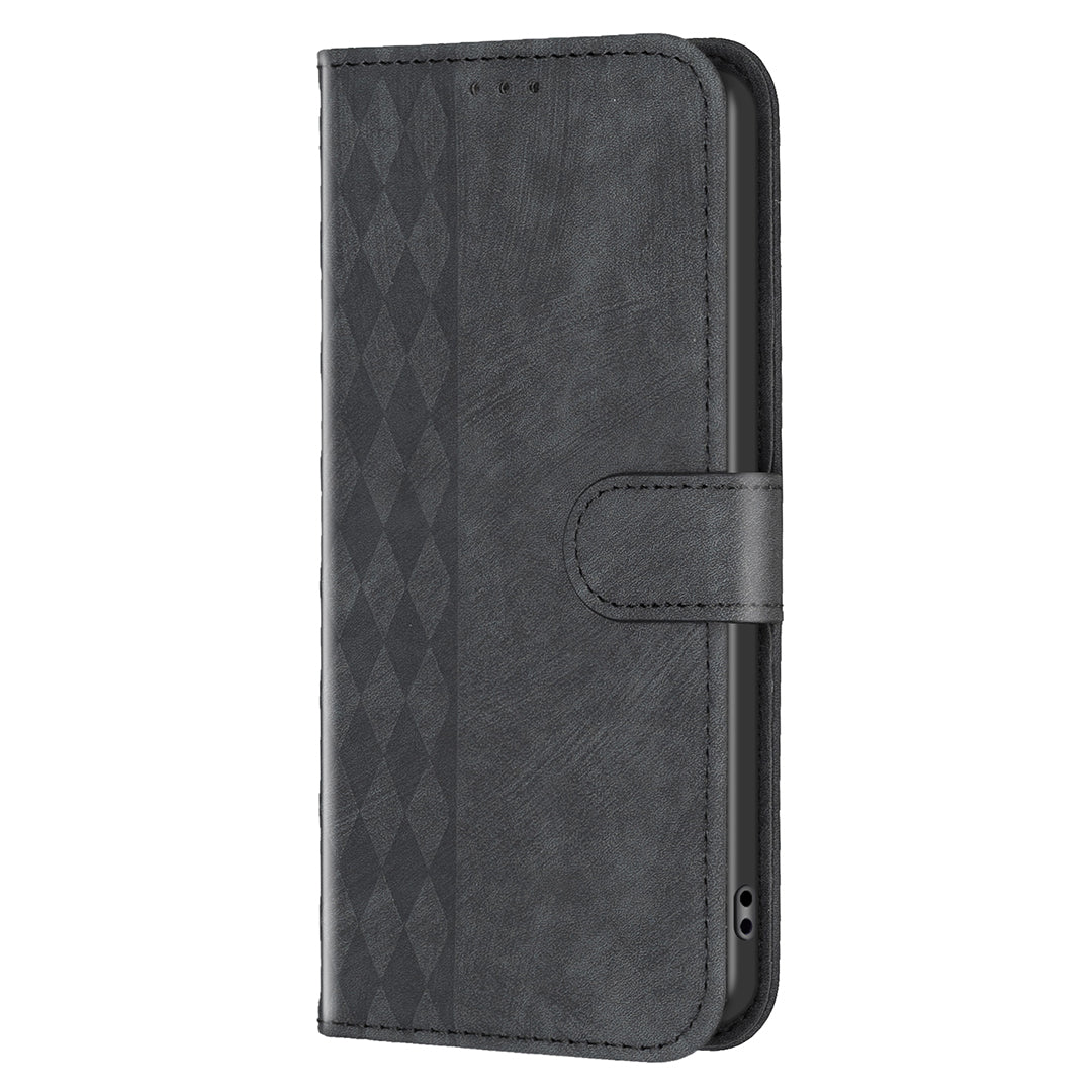 For Xiaomi Redmi Note 13 5G Leather Case Grid Pattern Folio Wallet Phone Cover - Black