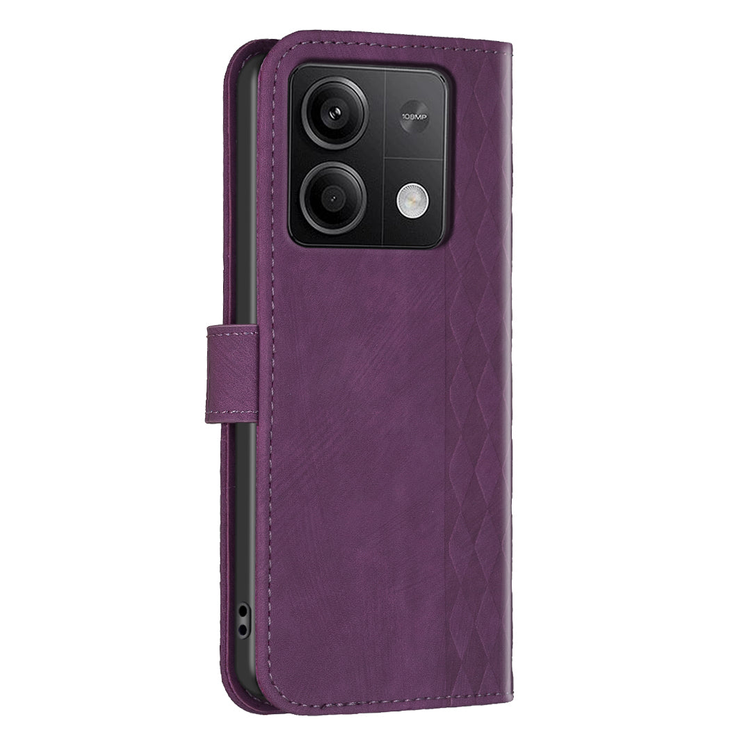 For Xiaomi Redmi Note 13 5G Leather Case Grid Pattern Folio Wallet Phone Cover - Purple