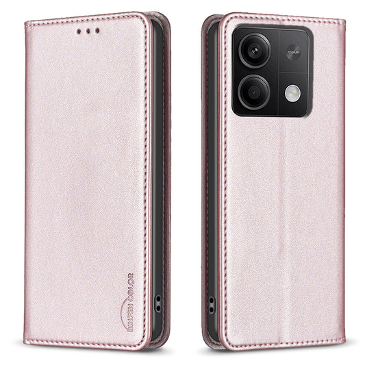 BINFEN COLOR BF18 For Xiaomi Redmi Note 13 5G Leather Cover Magnetic Closure Flip Phone Case - Rose Gold