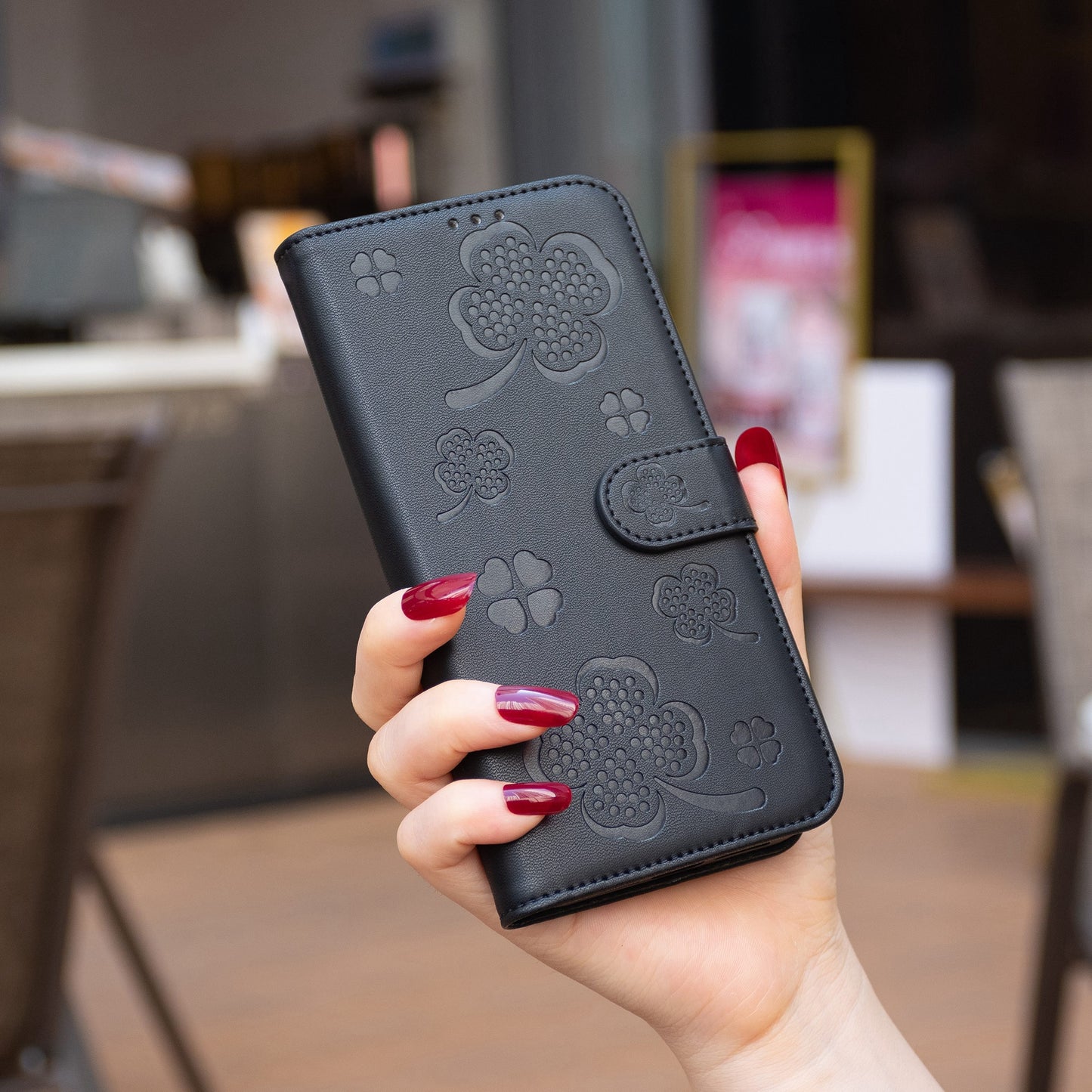 For Xiaomi Redmi Note 13 5G PU Leather Cover Four Leaf Clover Flip Wallet Phone Case - Black