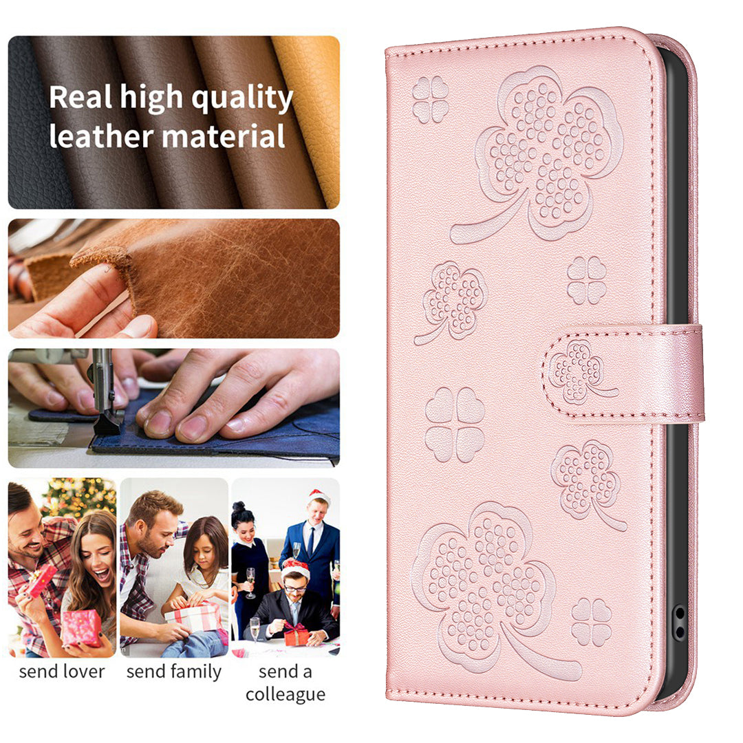 For Xiaomi Redmi Note 13 5G PU Leather Cover Four Leaf Clover Flip Wallet Phone Case - Pink