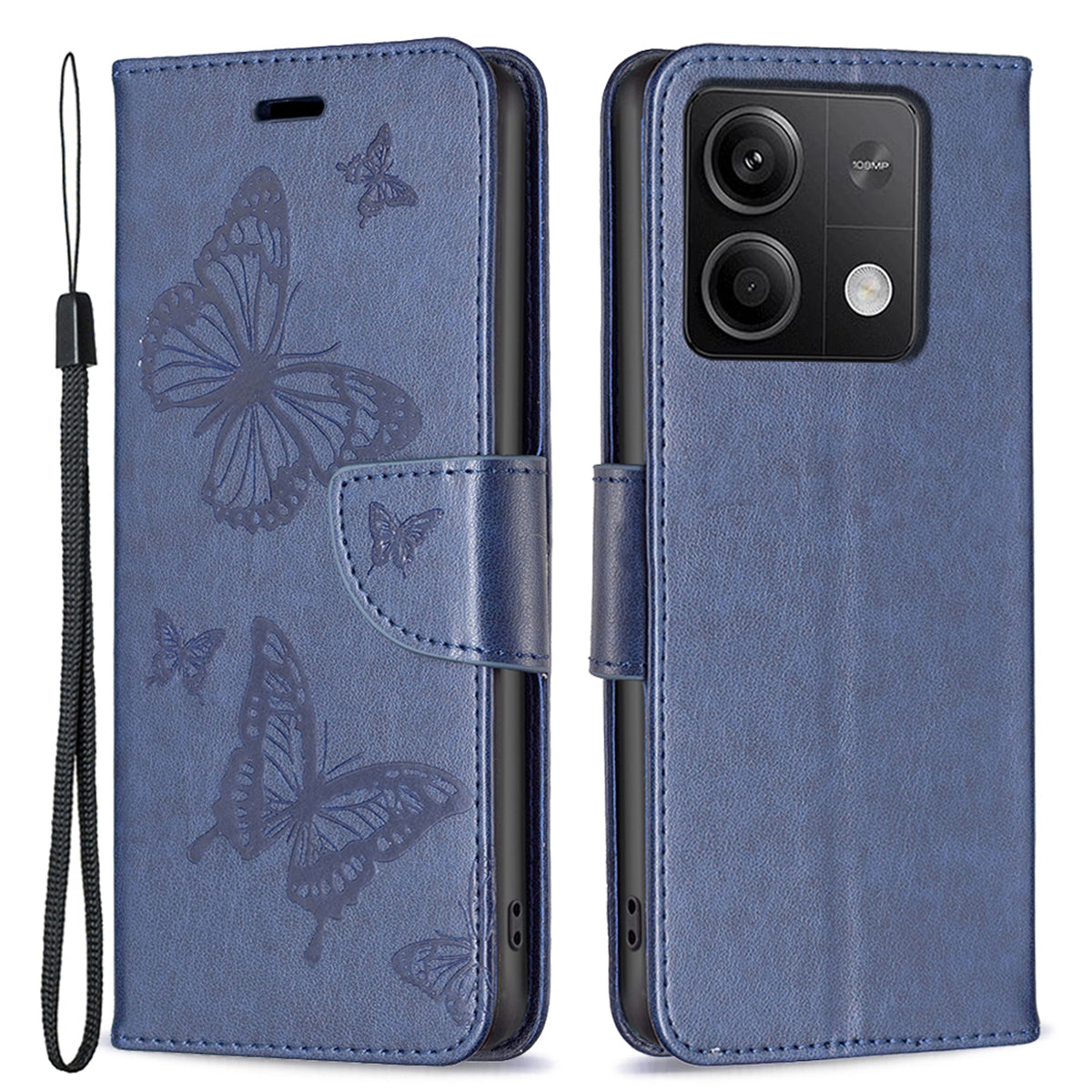 For Xiaomi Redmi Note 13 5G Leather Case Wallet Phone Cover Butterfly Pattern - Blue