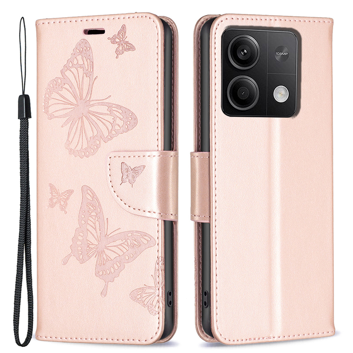 For Xiaomi Redmi Note 13 5G Leather Case Wallet Phone Cover Butterfly Pattern - Rose Gold