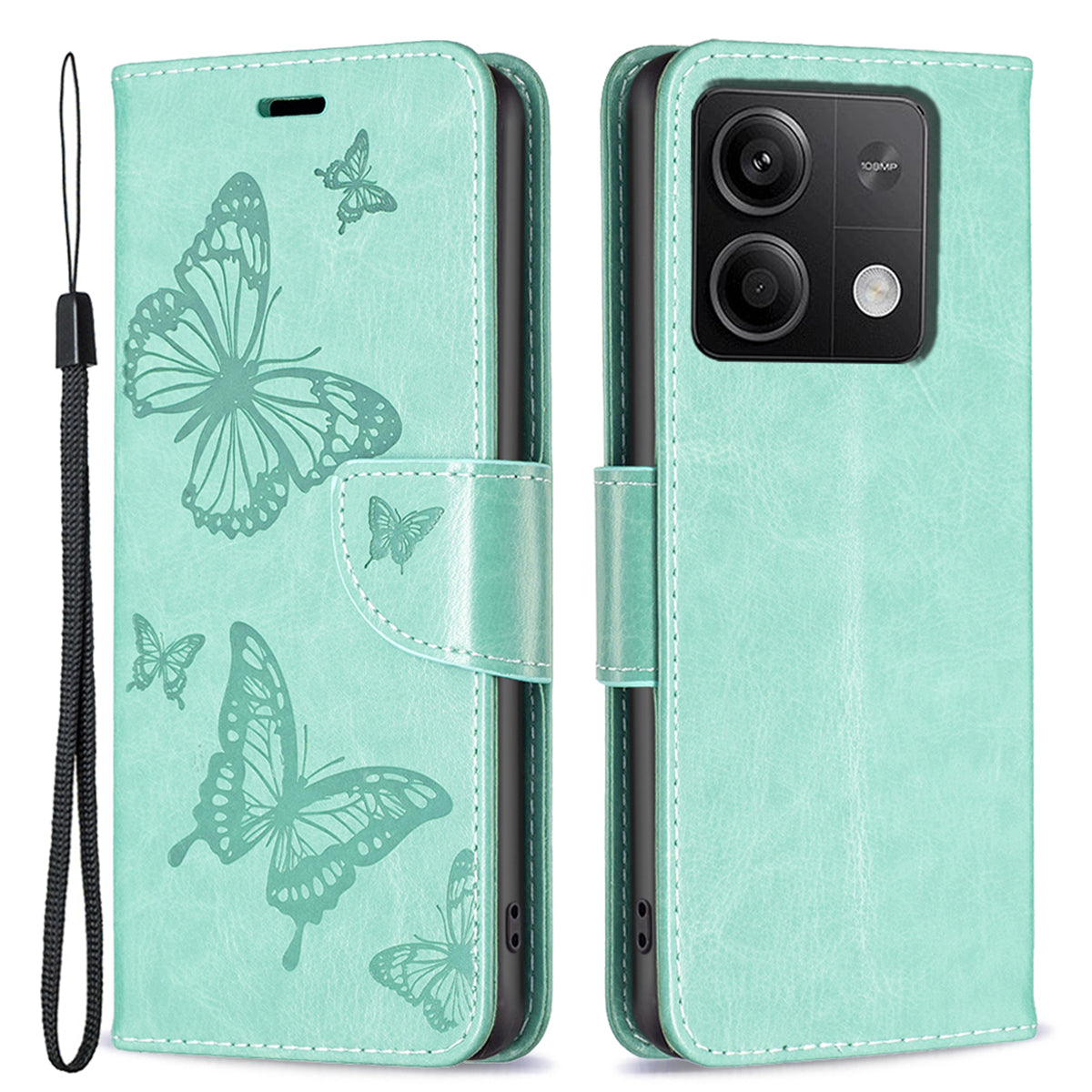 For Xiaomi Redmi Note 13 5G Leather Case Wallet Phone Cover Butterfly Pattern - Green