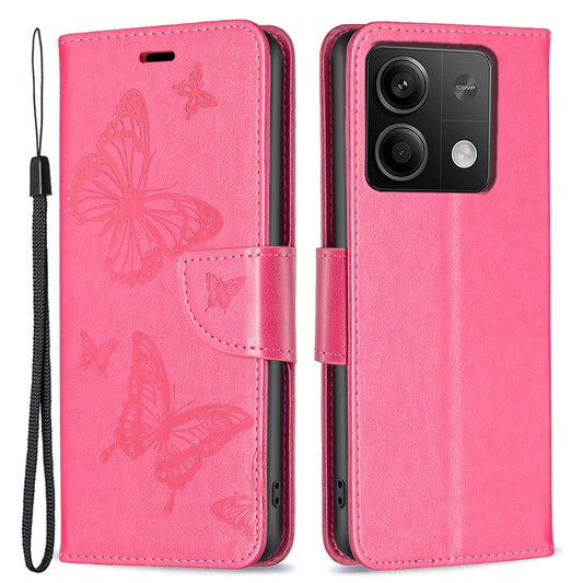 For Xiaomi Redmi Note 13 5G Leather Case Wallet Phone Cover Butterfly Pattern - Rose