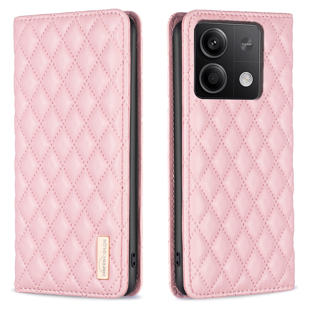 BINFEN COLOR BF Style-16 For Xiaomi Redmi Note 13 5G Case Card Holder PU Leather Phone Cover - Pink