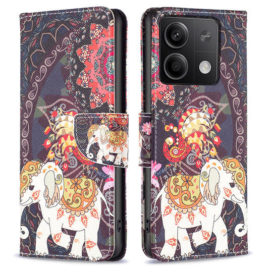 For Xiaomi Redmi Note 13 5G Phone Case Pattern Printing Wallet Leather Cover - Flower and Elephant