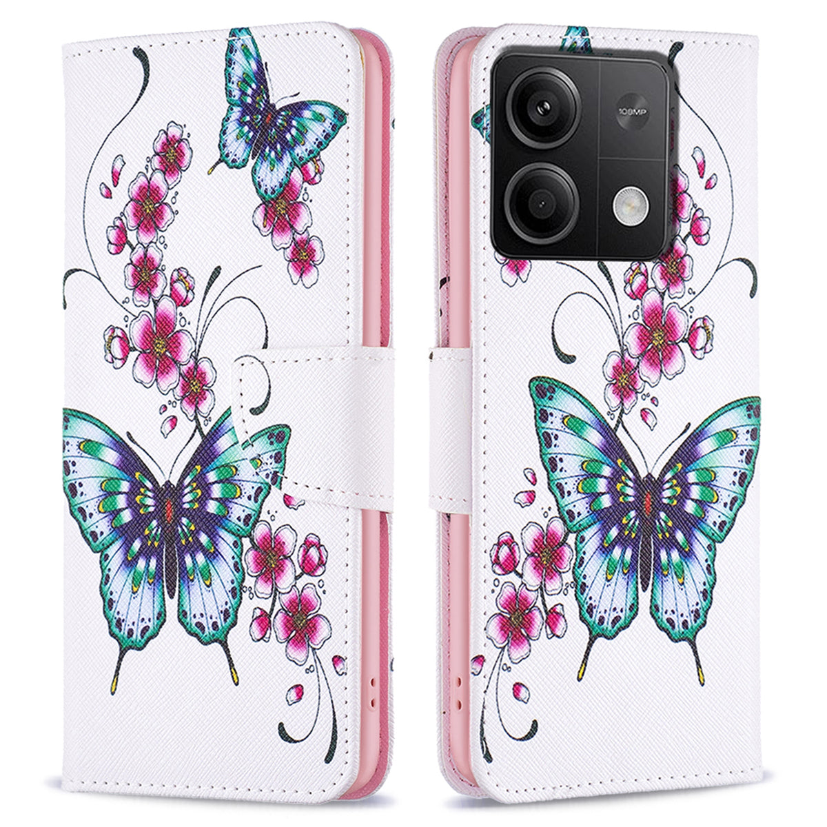 For Xiaomi Redmi Note 13 5G Phone Case Pattern Printing Wallet Leather Cover - Peach Blossom and Butterflies