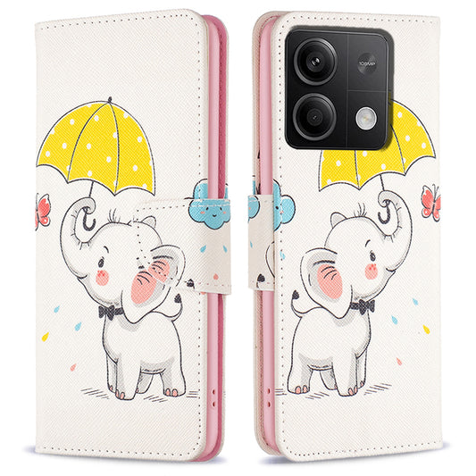 For Xiaomi Redmi Note 13 5G Phone Case Pattern Printing Wallet Leather Cover - Umbrella and Elephant