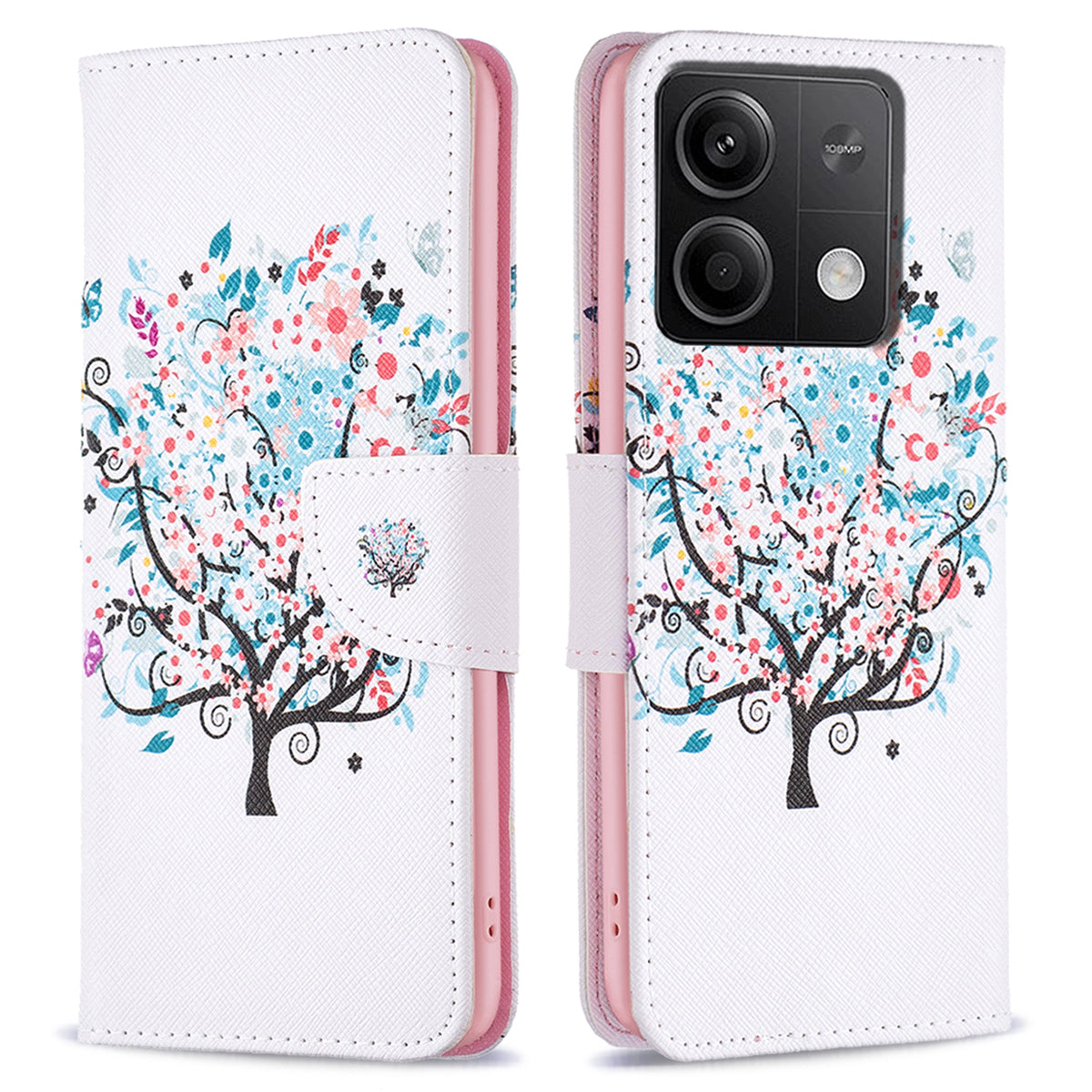 For Xiaomi Redmi Note 13 5G PU Leather Phone Case TPU Inner Shell Pattern Printing Design - Flower Tree