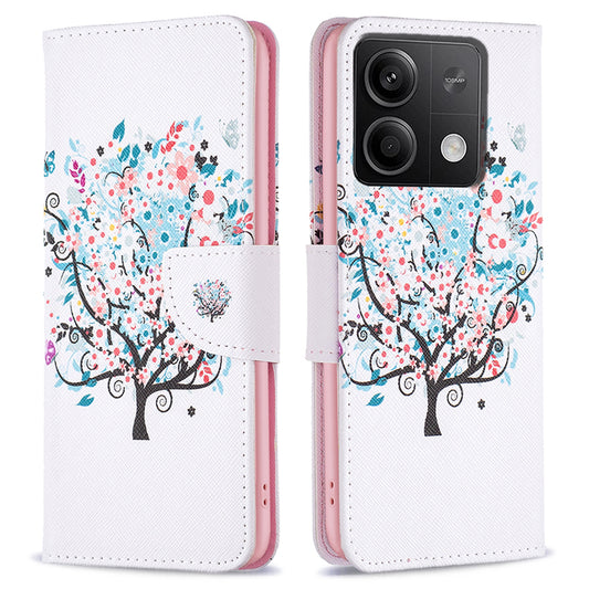 For Xiaomi Redmi Note 13 5G PU Leather Phone Case TPU Inner Shell Pattern Printing Design - Flower Tree