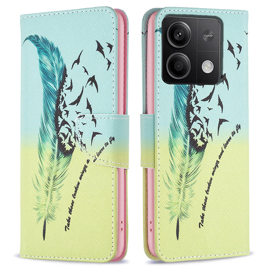 For Xiaomi Redmi Note 13 5G PU Leather Phone Case TPU Inner Shell Pattern Printing Design - Feather and Birds