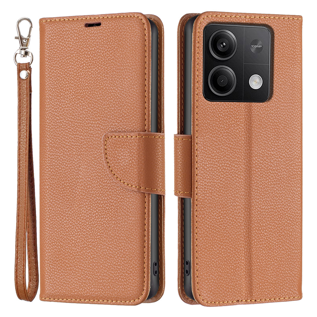 For Xiaomi Redmi Note 13 5G Phone Case Wallet PU Leather Litchi Texture Protective Cover - Brown
