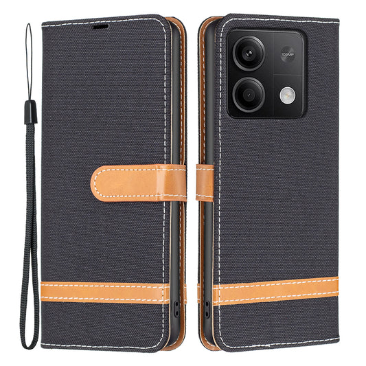 For Xiaomi Redmi Note 13 5G Leather Phone Case Wallet Cover Jeans Cloth Splicing - Black